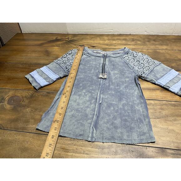 Free People Sun Glow Top Quarter Zip Lace Shoulder Relaxed Top Retro XS - Picture 6 of 10